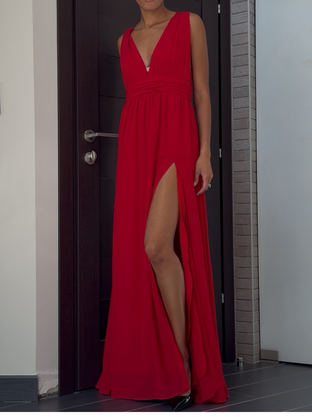 Lulu's Red V-Neck High-Slit Maxi Dress